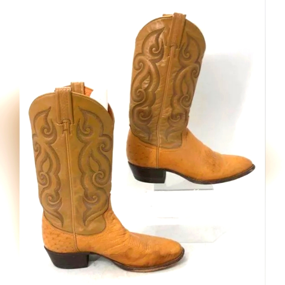 Tony Lama Embroidered Tan Beige Leather Ostrich Western Cowboy Boots Men 9D